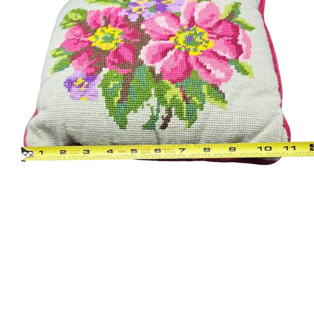 Vintage Floral Needlepoint Throw Pillow With Velvet Backing 11
